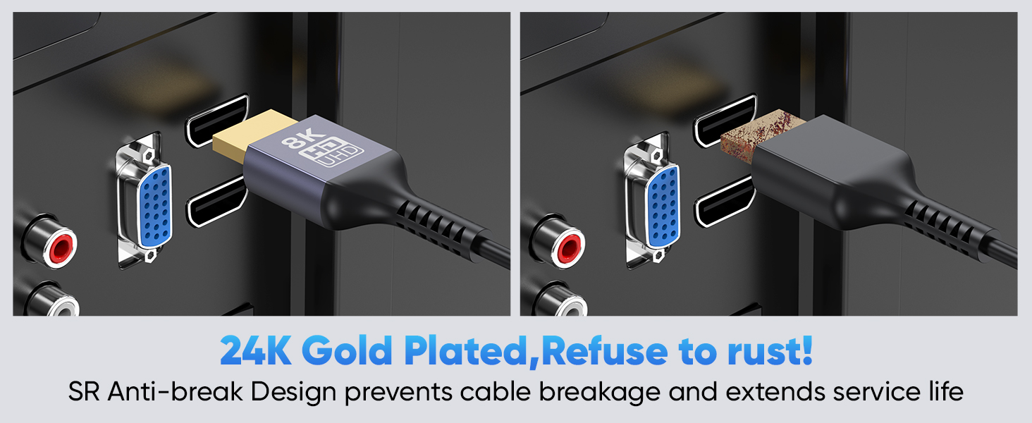 gold plated HDMI 2.1 connector with anti-break strain relief design