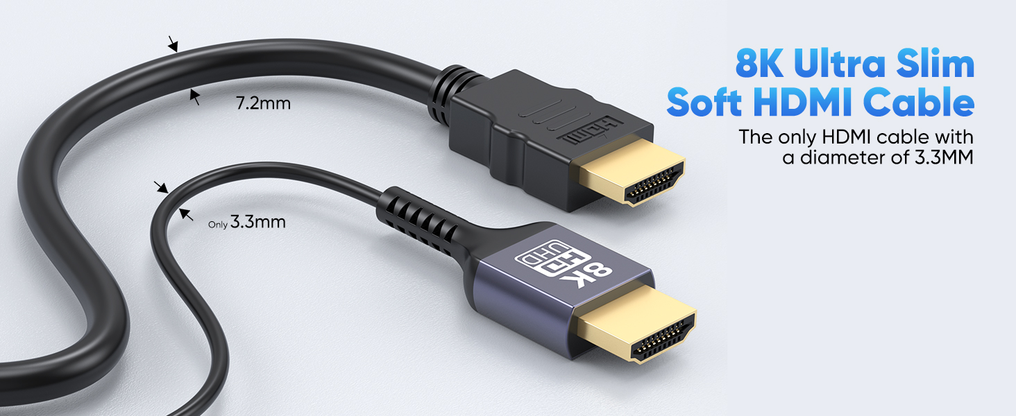ultra slim HDMI 2.1 cable side-by-side with standard HDMI for OD comparison