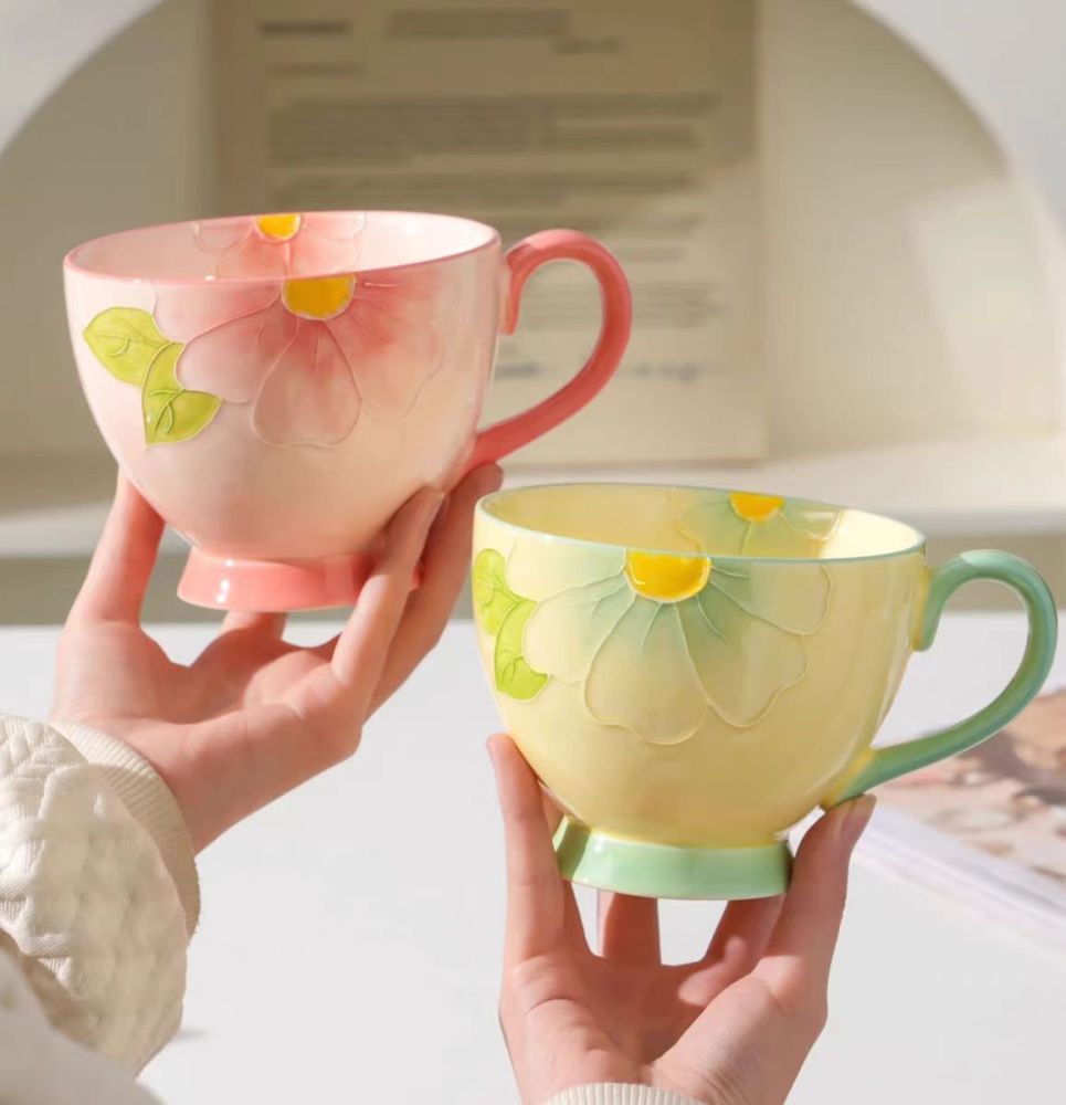 Handcrafted Ceramic Coffee Cup with Relief Design & High-Temperature Underglaze – Perfect for Breakfast, Fruit, or Dessert