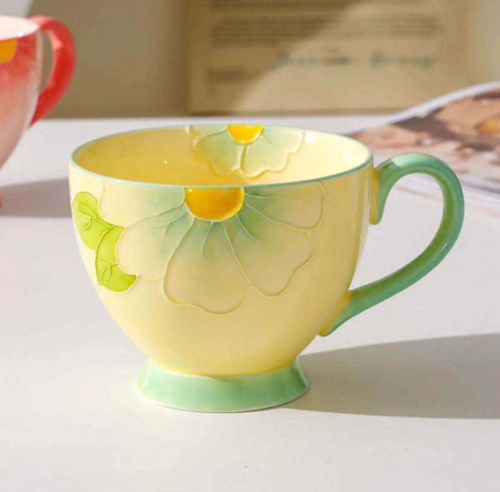 Handcrafted Ceramic Coffee Cup with Relief Design & High-Temperature Underglaze – Perfect for Breakfast, Fruit, or Dessert