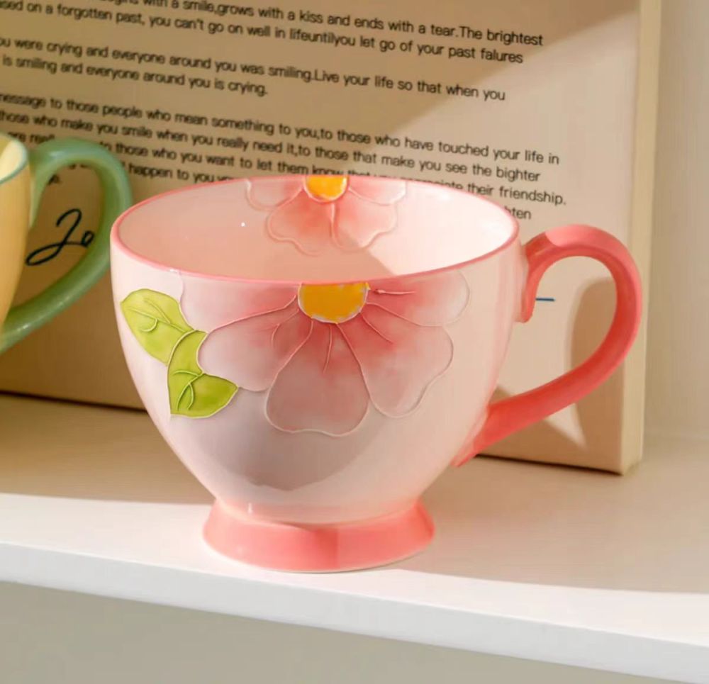 Handcrafted Ceramic Coffee Cup with Relief Design & High-Temperature Underglaze – Perfect for Breakfast, Fruit, or Dessert