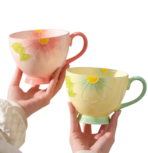 Handcrafted Ceramic Coffee Cup with Relief Design & High-Temperature Underglaze – Perfect for Breakfast, Fruit, or Dessert