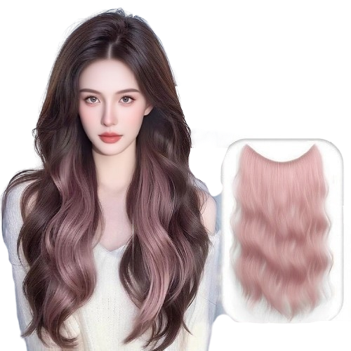 Clip-In Curly Hair Extensions with Highlights – One-Piece Wavy Colorful Hair Weft for Extra Volume and Gradient Ombre Effect, Invisible Ear-Hanging Design