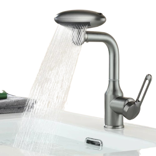 4-Position Rotating Retractable Faucet for Bathroom Sink – Single Handle Single Hole Design with Easy Pull-Out Sprayer