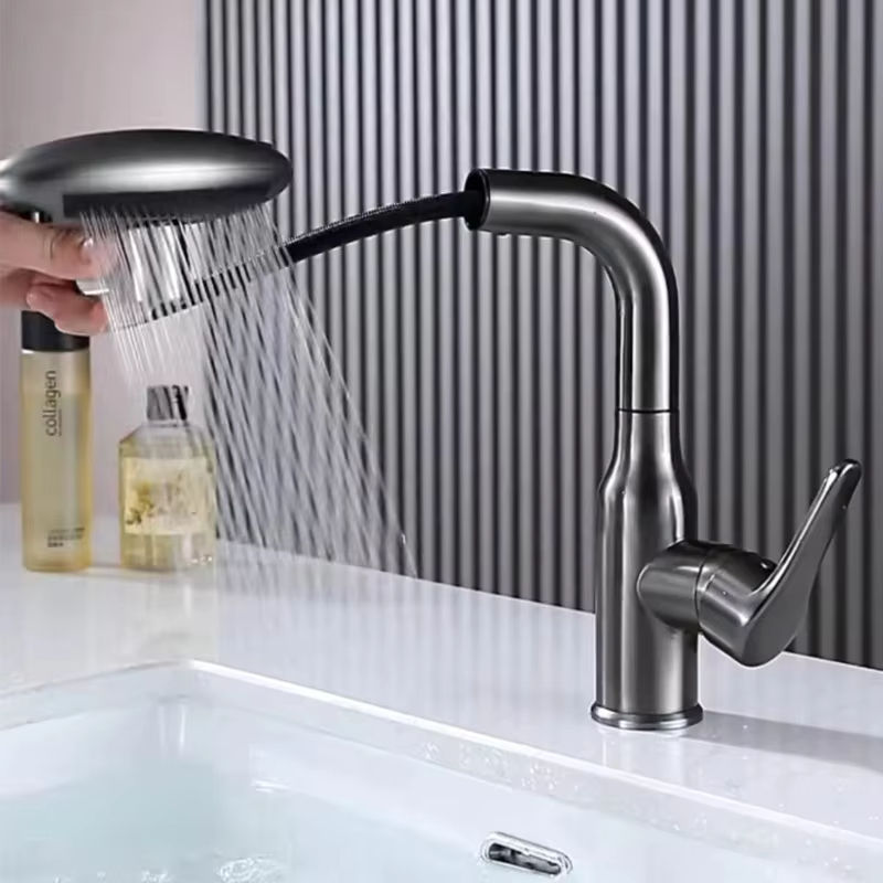4-Position Rotating Retractable Faucet for Bathroom Sink – Single Handle Single Hole Design with Easy Pull-Out Sprayer