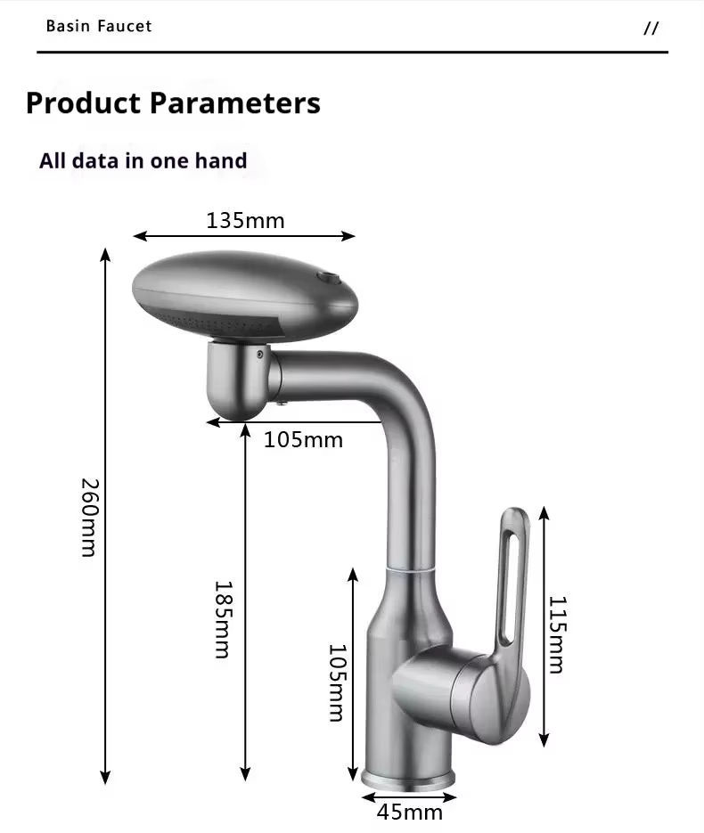 4-Position Rotating Retractable Faucet for Bathroom Sink – Single Handle Single Hole Design with Easy Pull-Out Sprayer