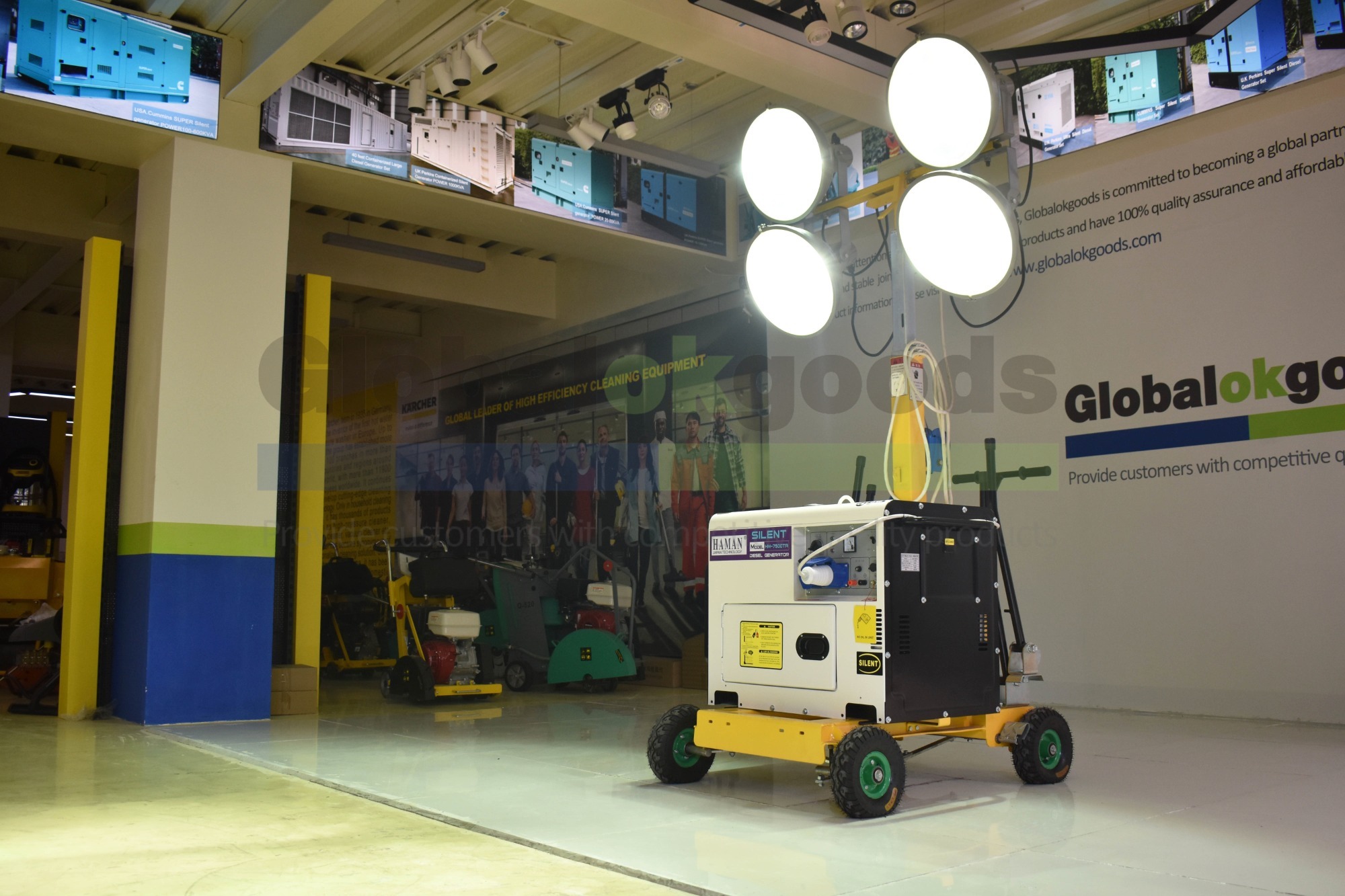 Mobile Portable Silent Diesel Light Tower, equipped with high-quality HAMAN POWER: 7.5KVA diesel silent generator