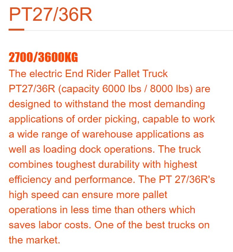 PT27/36R Electric Pallet Truck