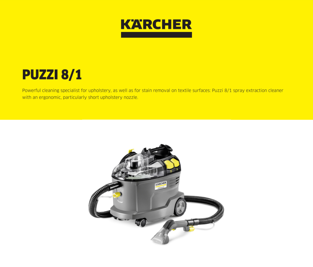 Kärcher Spray-extraction cleaner Puzzi 8/1 Puzzi 10/1 with floor nozzle/upholstery nozzle for cleaning carpets and upholstery using spray extraction. Ideal for smaller areas. With integrated cable hook and holder for handle with trigger/suction pipe.