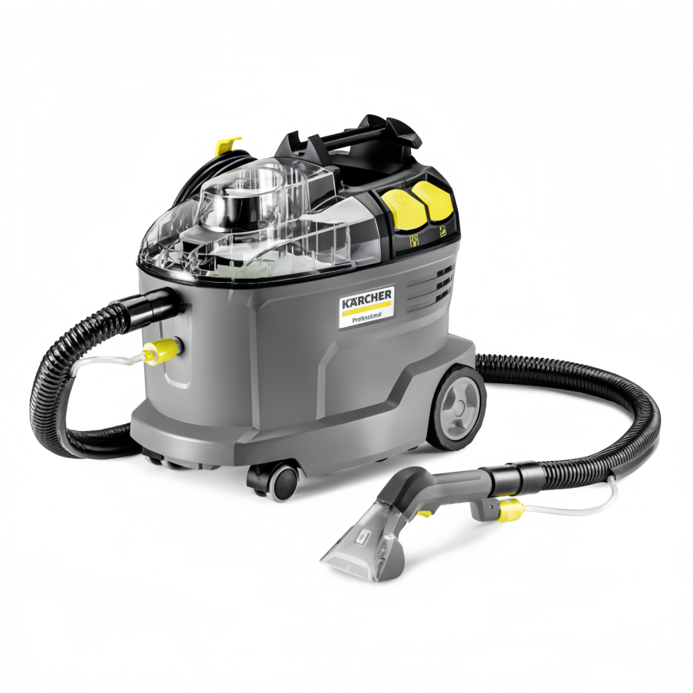 Kärcher Spray-extraction cleaner Puzzi 8/1 Puzzi 10/1 with floor nozzle/upholstery nozzle for cleaning carpets and upholstery using spray extraction. Ideal for smaller areas. With integrated cable hook and holder for handle with trigger/suction pipe.