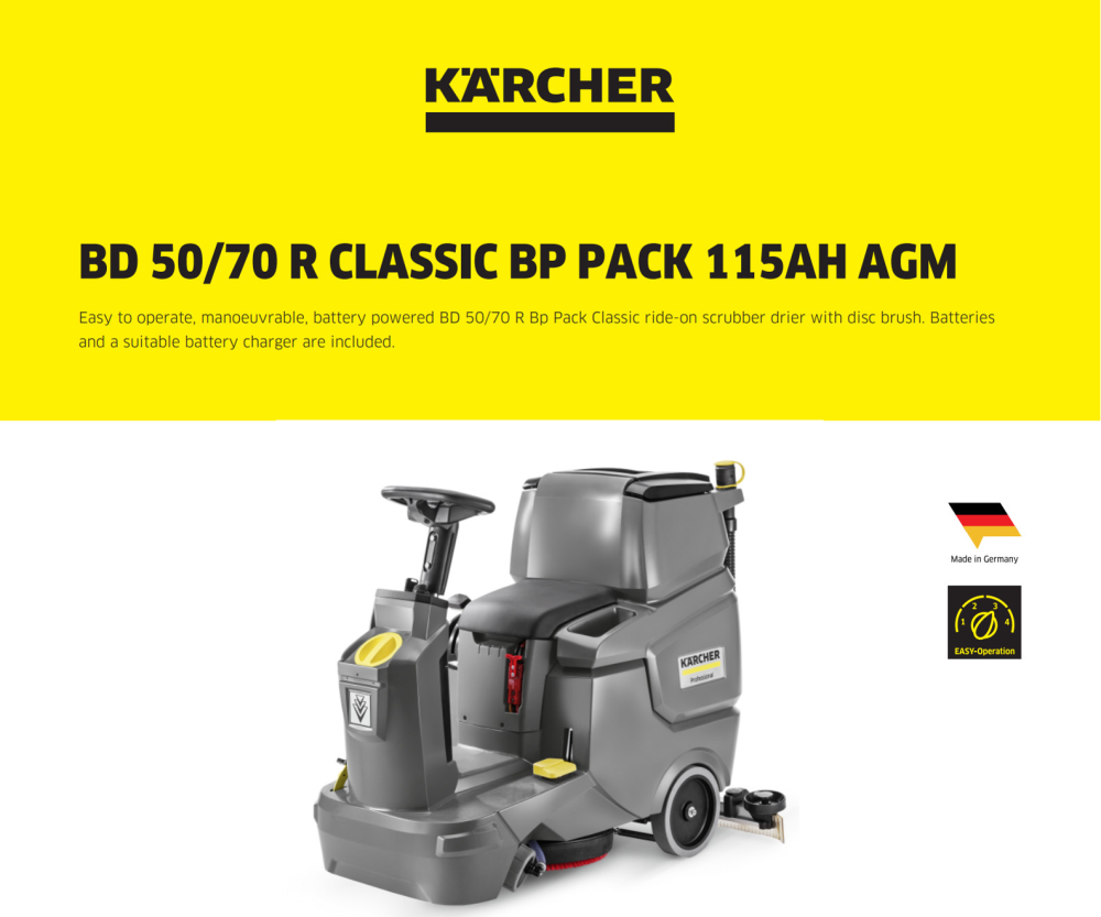 Kärcher Scrubber drier BD 50/70 R Classic *CN For an area performance of up to 2,000 m² per hour: the battery powered BD 50/70 R Classic ride-on scrubber drier with disc brush. Batteries and charger must be ordered separately.