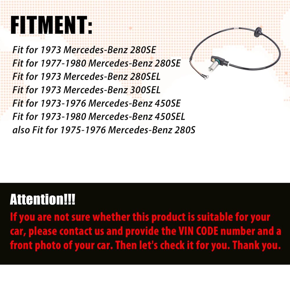ABS Wheel Speed Sensor Rear Compatible with 1973-1980 Mercedes-Benz W116 280S 280SE 280SEL 300SEL 450SE 450SEL,Replacement for A1265400017 0265002004(Rear)