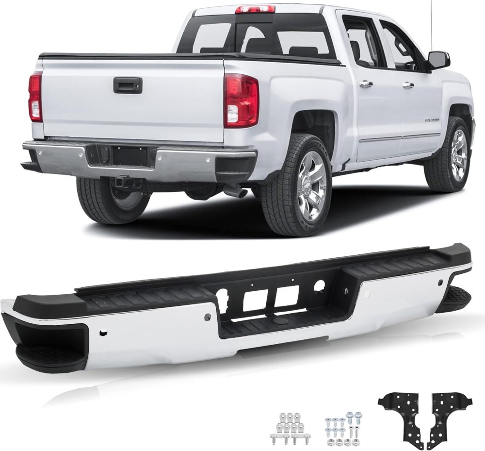 Rear Bumper Assembly Compatible with 2014-2018 Chevy Silverado 1500 GMC Sierra 1500 W/SENSOR Hole Steel Bumper, Chrome