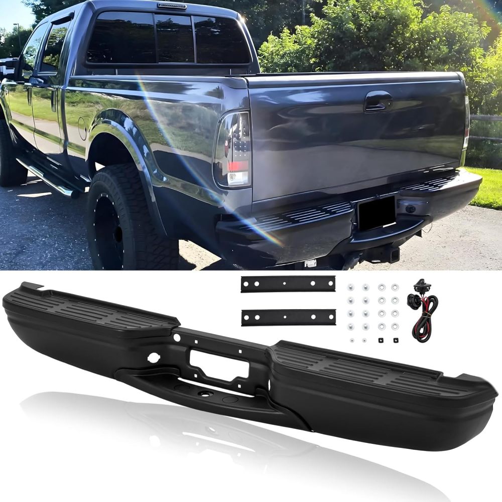 Rear Step Bumper compatible with 1999-2007 Ford F250 F350 SuperDuty W/O Parking Sensor Truck Back Bumper, Black