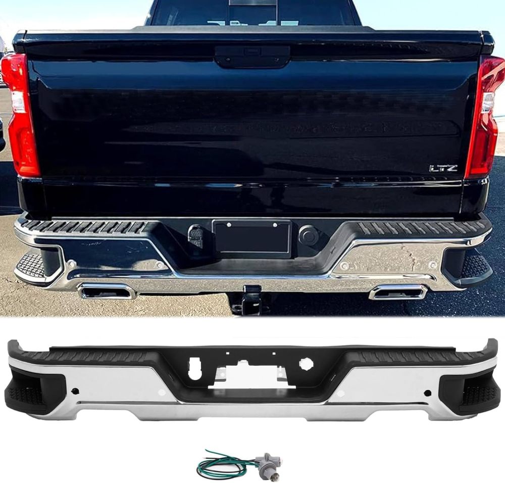 Rear Bumper Step Bumper Assembly compatible with 2019-2023 Chevy Silverado 1500 GMC Sierra 1500 Dual Exhaust Tips, w/Sensor Hole, Chrome