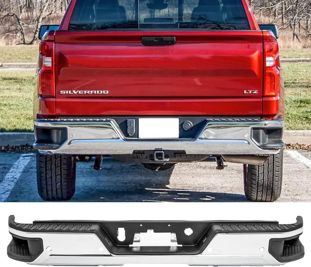 Rear Bumper Steel Bumper Assembly compatible with 2019 2020 2021 2023 Chevy Silverado 1500 & GMC Sierra 1500, W/Park Sensor Hole, Chrome