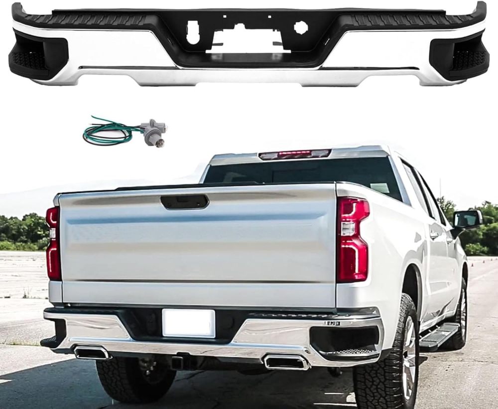Rear Bumper Step Bumper Assembly compatible with 2019-2023 Chevy Silverado 1500 GMC Sierra 1500 Dual Exhaust Tips, NON Hole, Chrome