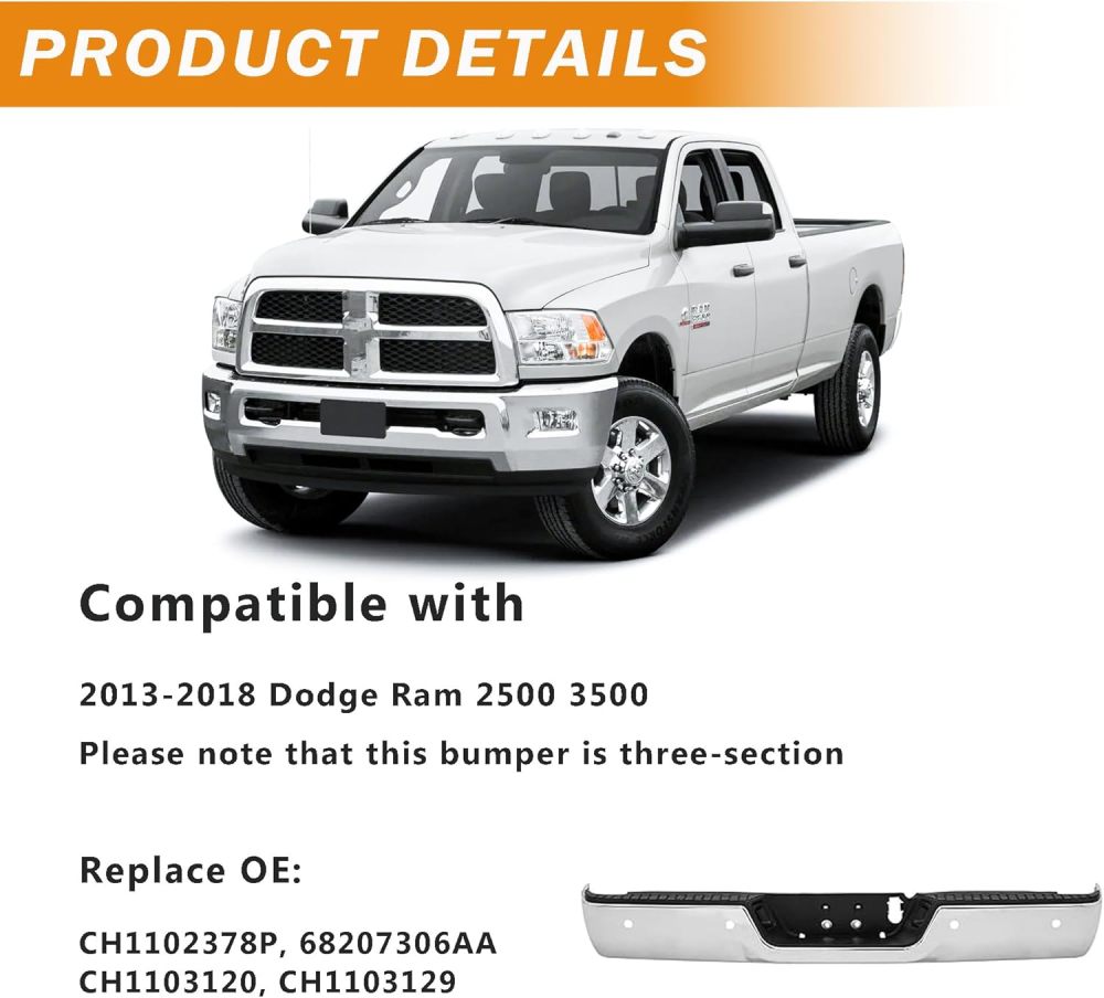 Chrome Rear Bumper Step Bumper Compatible with 2013-2018 Dodge Ram 2500 3500 w/Sensor
