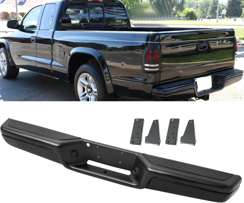 Rear Bumper Black Compatible with 1997 1998 1999 2000 2001 2002 2003 2004 Dodge Dakota Pickup Truck Step Bumper Assembly, Texture Black