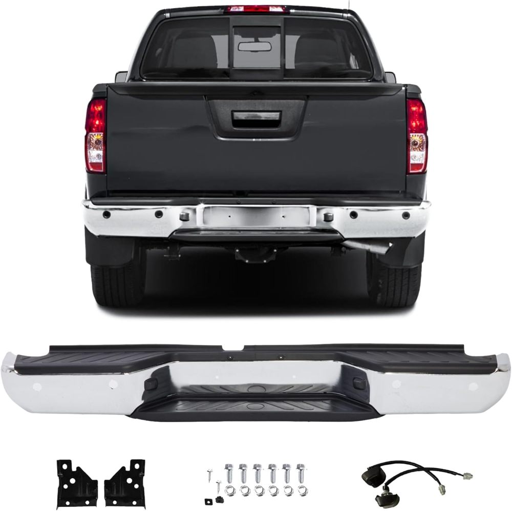 Rear Bumper Steel Step Bumper Compatible with 2013-2021 Nissan Frontier w/Sensor Hole, Replace OE #NI1103127,Chrome