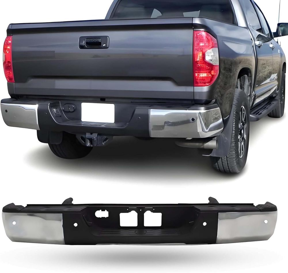 Rear Step Bumper Compatible with 2014 2015 2016 2017 2018 2019 2020 2021 2022 Toyota Tundra with Sensor Hole, Chrome