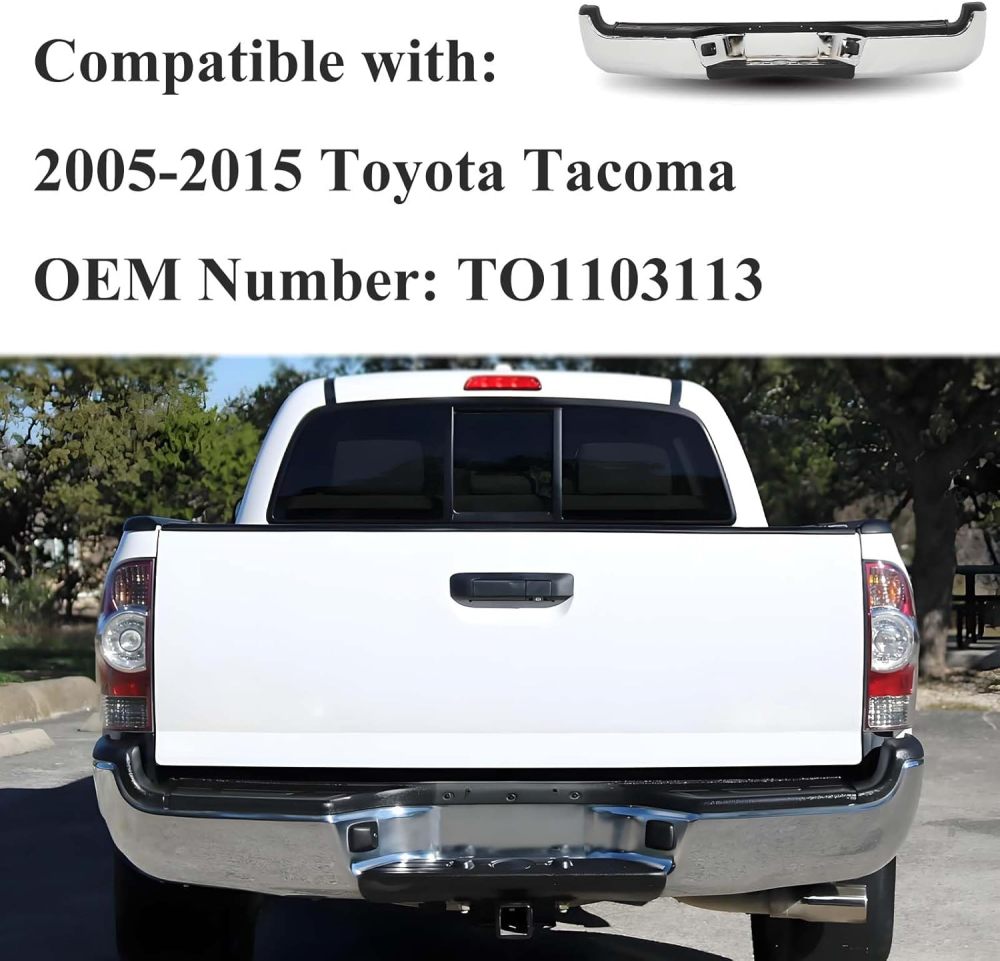 Rear Bumper Assembly Compatible with 2005-2015 Toyota Tacoma Replace # TO1103113 w/Pads Brackets and License Plate Light, Chrome