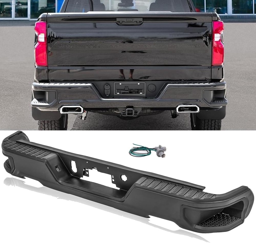 Rear Bumper Step Bumper Assembly compatible with 2019-2023 Chevy Silverado 1500 GMC Sierra 1500 w/Dual Exhaust Tips NON Hole, Black Texture Surface