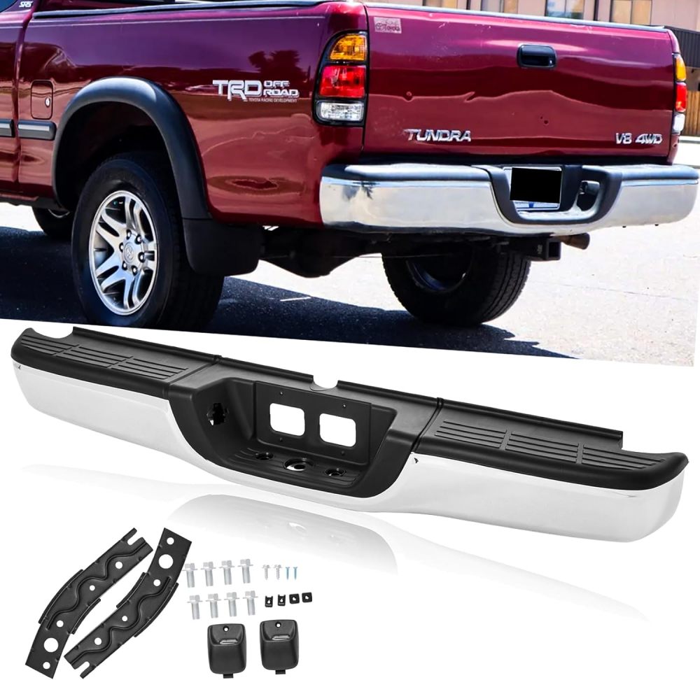 Rear Bumper Assembly Compatible with 2000 2001 2002 2003 2004 2005 2006 Toyota Tundra without Tow Hitch Complete Steel Bumper,Chrome