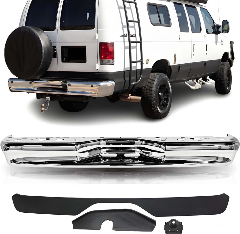 Rear Bumper Steel Step Bumper Compatible with 1992-2014 Ford Econoline Van E150 E250 E350 W/O Sensor Holes, Chrome