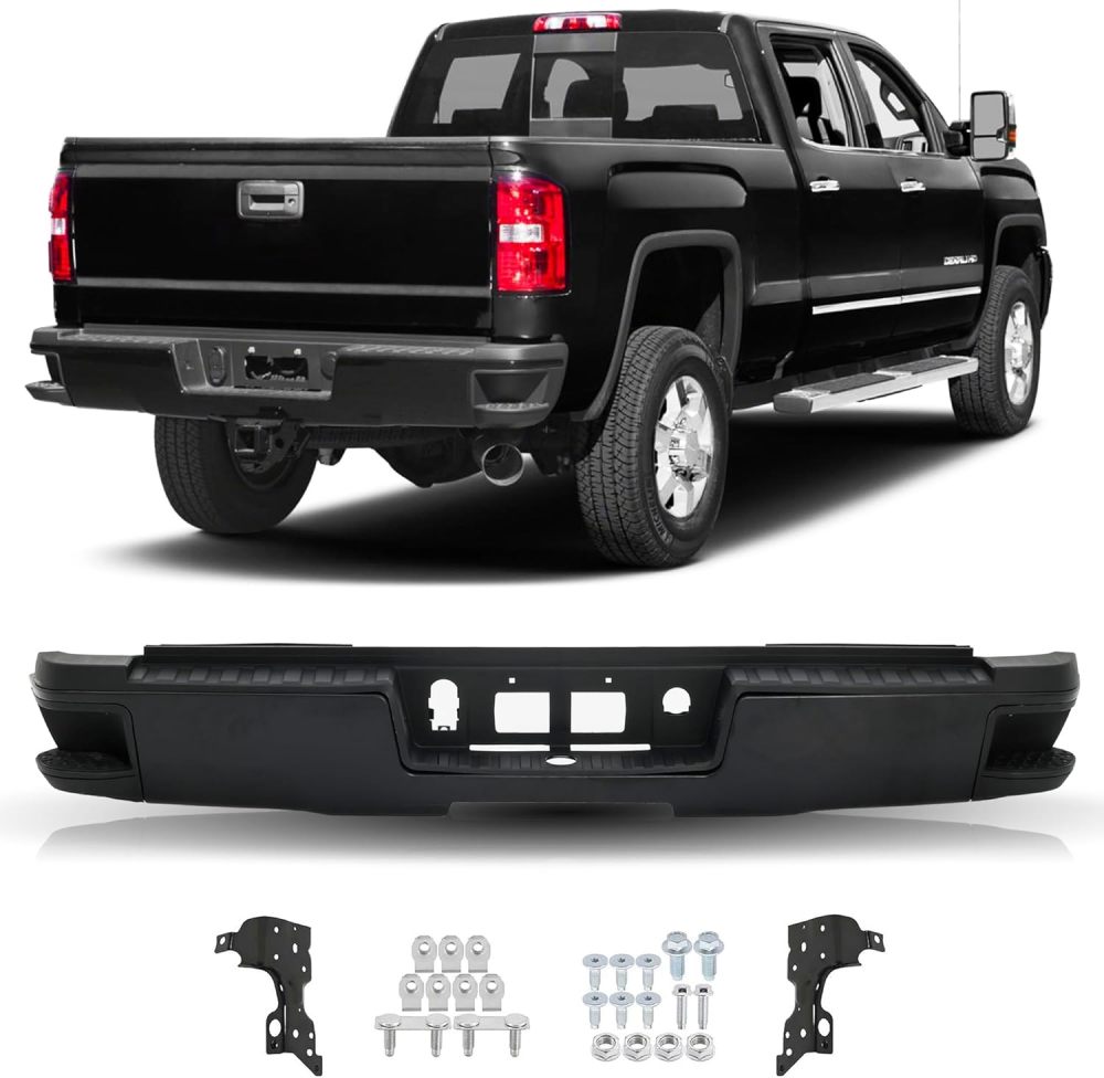 Rear Bumper Assembly Compatible with 2015-2019 Chevy Silverado 2500 HD 3500 HD 15-19 GMC Sierra 2500 HD 3500 HD, Powdercoated Black W/O Sensor Holes