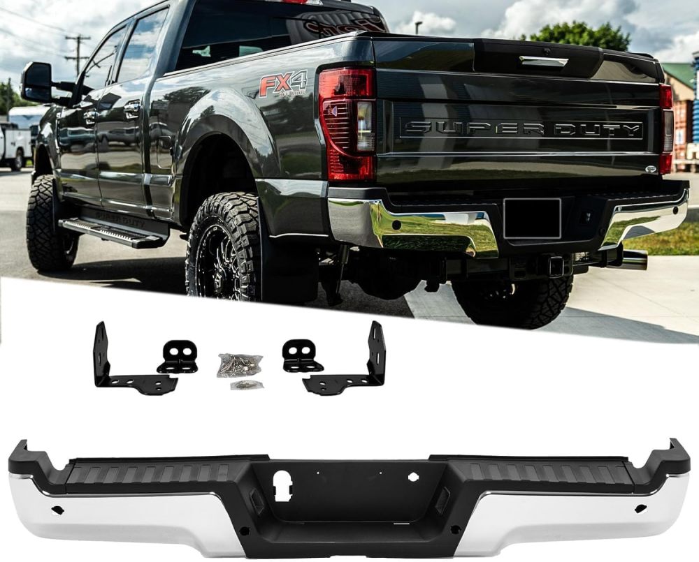 Rear Bumper Steel Bumper Assembly compatible with 2017 2018 2019 2020 2021 2022 Ford F250 F350 Super Duty w/Park Hole, Chrome