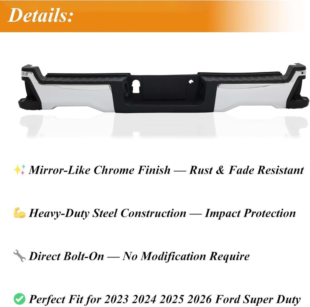 Chrome Rear Step Bumper Compatible with 2023 2024 2025 2026 Ford F250 F350 F450 Super Duty w/o Sensor Hole, Replace OE#FO1102412, FO1103307