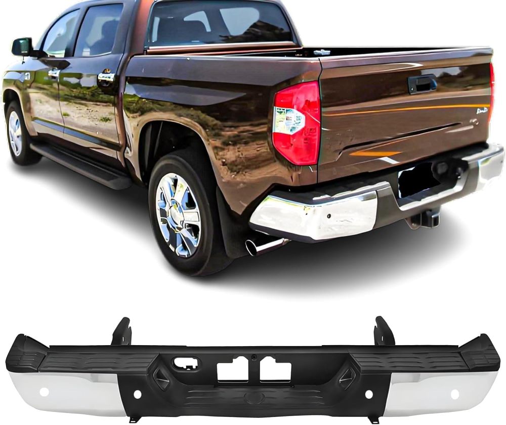 Rear Step Bumper Compatible with 2014 2015 2016 2017 2018 2019 2020 2021 2022 Toyota Tundra with Sensor Hole, Chrome