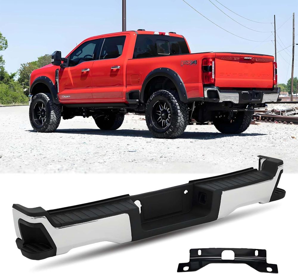 Chrome Rear Step Bumper Compatible with 2023 2024 2025 2026 Ford F250 F350 F450 Super Duty w/o Sensor Hole, Replace OE#FO1102412, FO1103307