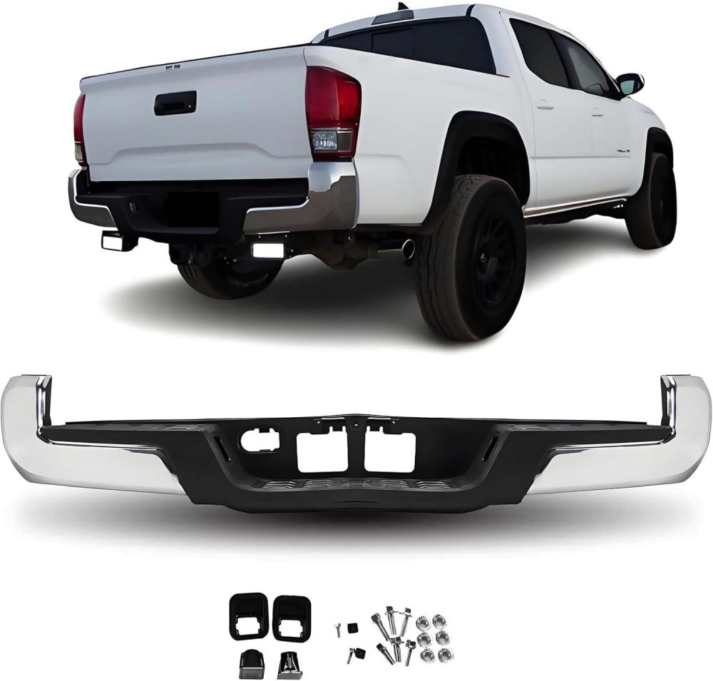 Rear Bumper Compatible with 2016 2017 2018 2019 2020 2021 2022 2023 Toyota Tacoma Steel Bumper w/o Sensor, Polished Chrome