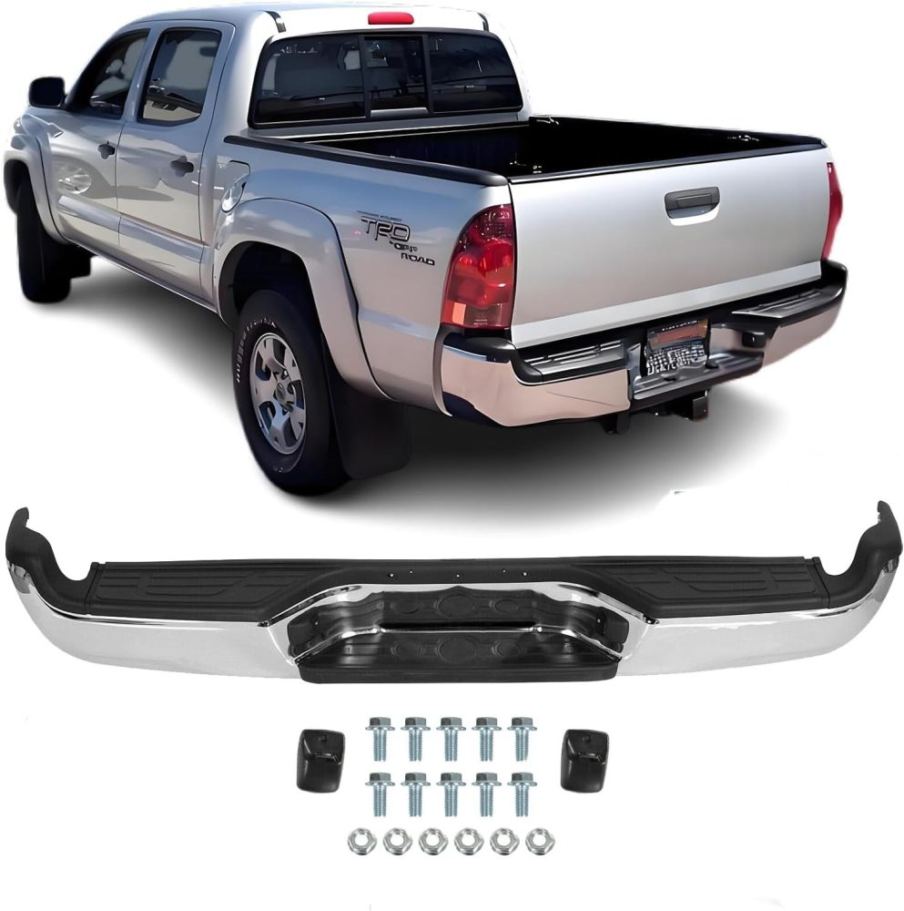 Rear Bumper Assembly Compatible with 2005-2015 Toyota Tacoma Replace # TO1103113 w/Pads Brackets and License Plate Light, Chrome