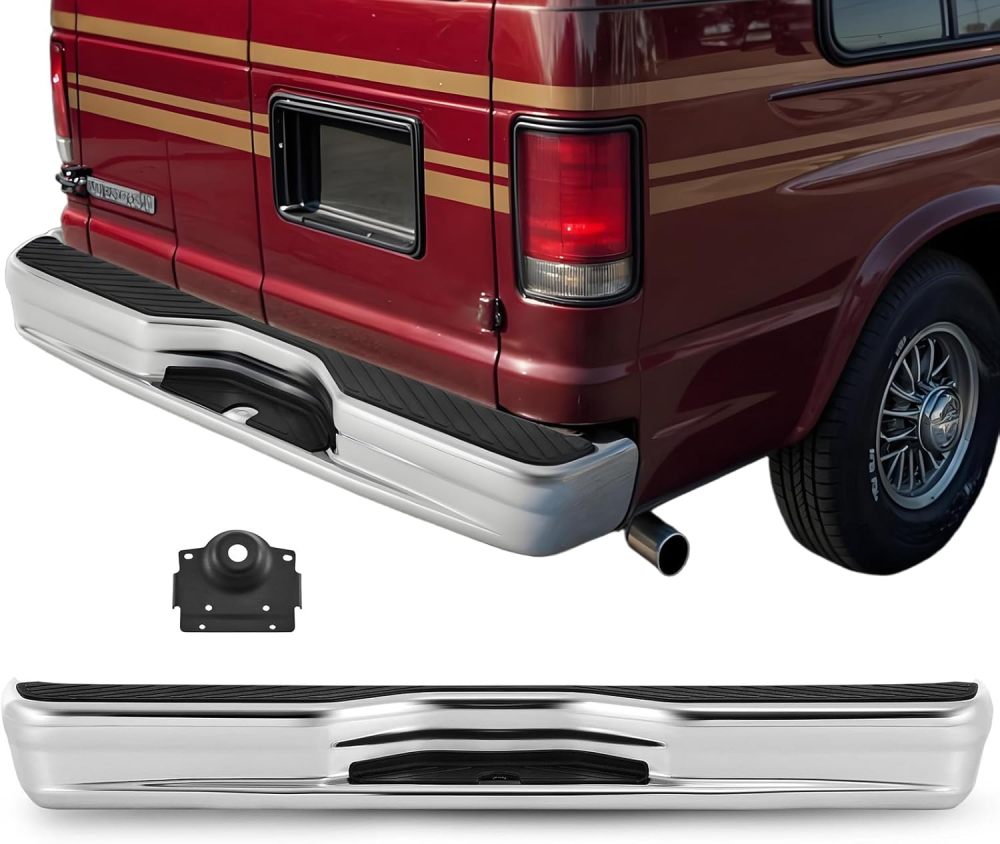 Rear Bumper Steel Step Bumper Compatible with 1992-2014 Ford Econoline Van E150 E250 E350 W/O Sensor Holes, Chrome