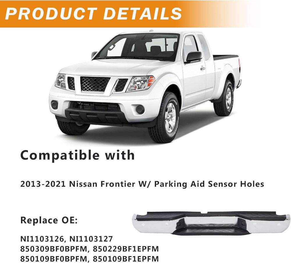 Rear Bumper Steel Step Bumper Compatible with 2013-2021 Nissan Frontier w/Sensor Hole, Replace OE #NI1103127,Chrome