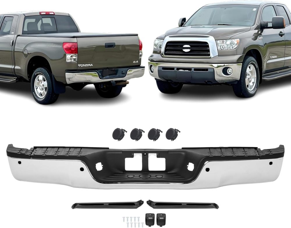 Rear Bumper Assembly Replacement for 2007 2008 2009 2010 2011 2012 2013 Toyota Tundra with/without Sensor Hole Truck Back Bumper, Steel Chrome