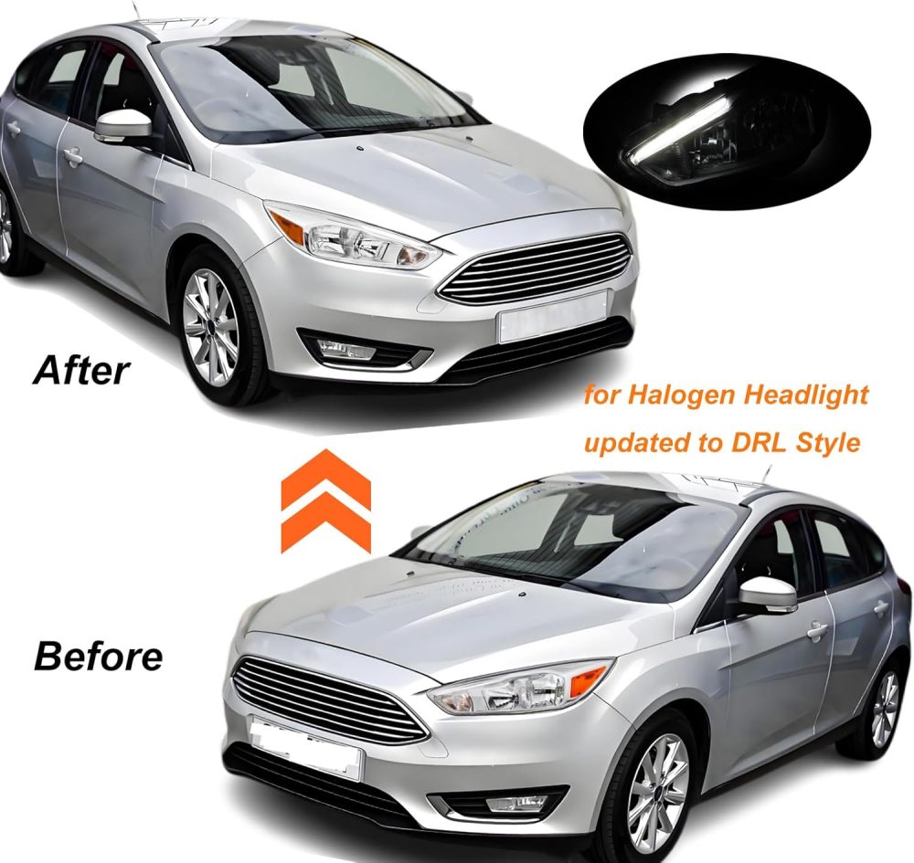 Headlights Assembly compatible with 2015 2016 2017 2018 Ford Focus Halogen Model Upgraded to DRL Style, Chrome Housing