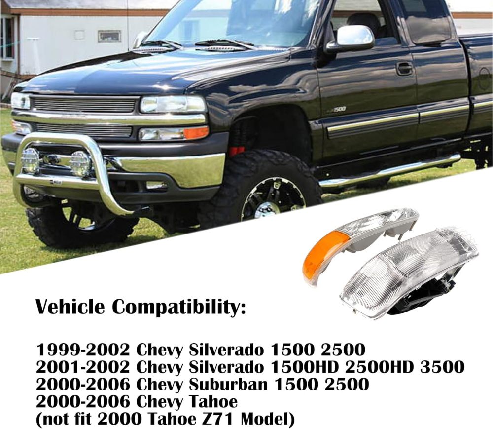 Headlights with Bumper Lamp Assembly Compatible with 1999-2002 Chevy Silverado,00-06 Tahoe Suburban Headlamp, OE Style