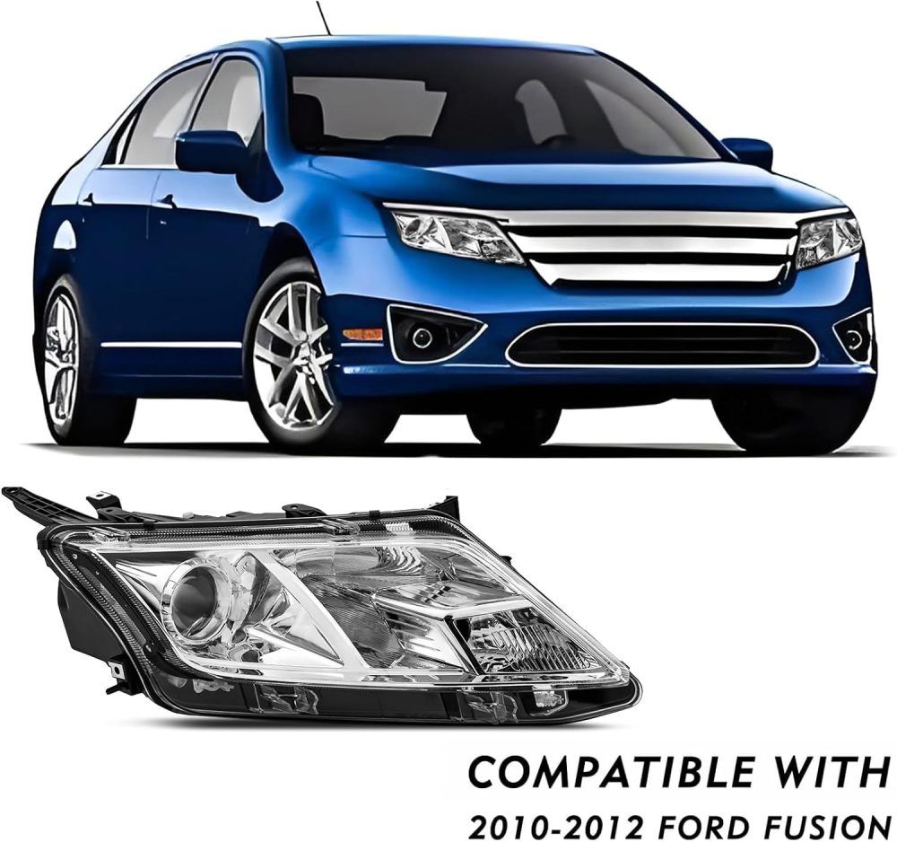 Headlights Assembly compatible with 2010 2011 2012 Fusion Halogen Headlamp Assembly,Chrome Housing Clear Side