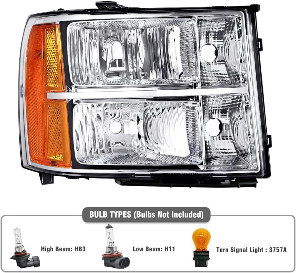 Headlights Tail lights Assembly Combo compatible with 2007-2013 GMC Sierra 1500, 2007-2014 Sierra 2500HD 3500HD, Chrome Amber Headlight + Red Rear Brake Lamp