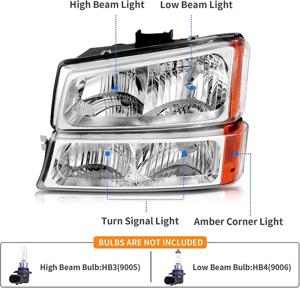 Headlights Tail Lights Assembly Combo Compatible with 2003-2006 Chevy Silverado 1500 2500 & HD Models, Chrome Housing Amber Side Headlamp + Taillight Rear Brake Lamp