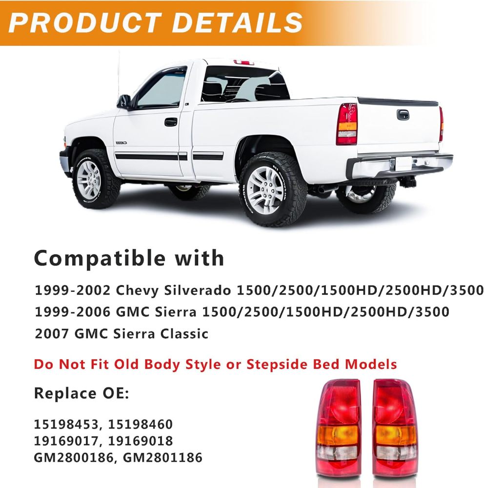 Tail Lights Assembly compatible with 1999-2002 Chevy Silverado 99-06 GMC Sierra 1500 2500 3500 1500 HD 2500HD Taillights Rear Brake Lamp, Red Lens