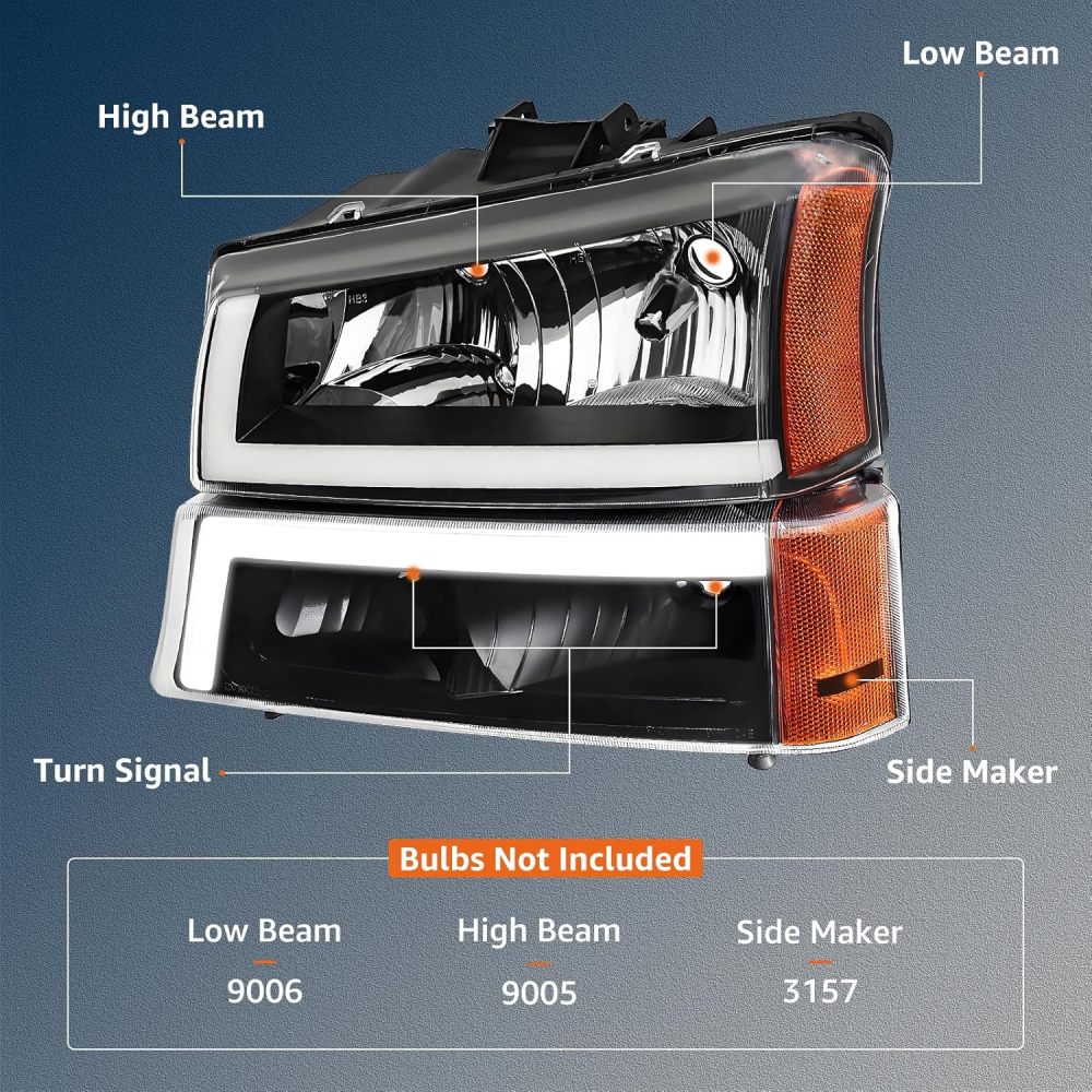 Headlights Assembly w/LED DRL compatible with 2003-2006 Chevy Silverado 1500 2500 3500, 03-06 Avalanche (No Cladding only), Black Housing Amber Side Headlamp Assembly