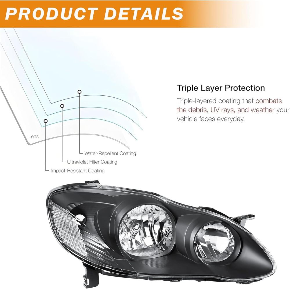 Headlights Assembly Compatible with 2003-2008 Toyota Corolla Headlamp Replacement Pair Driver Passenger Side, Black Housing Clear