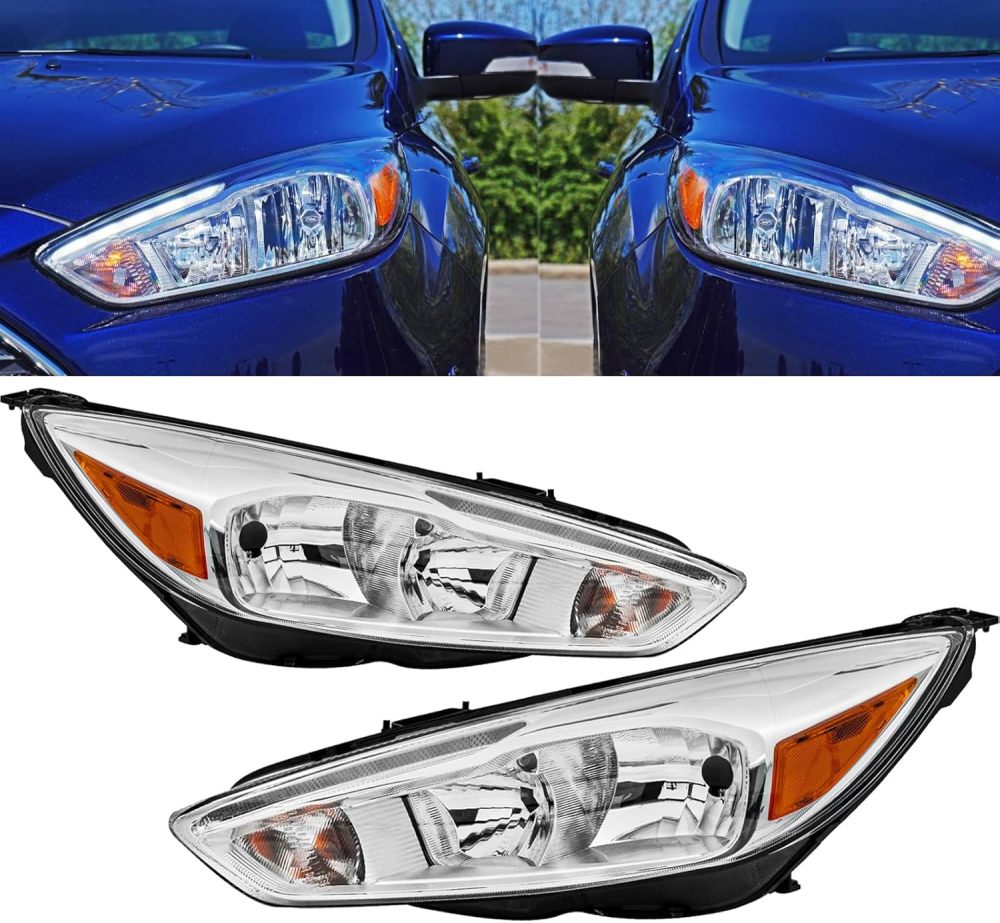 Headlights Assembly compatible with 2015-2018 Ford Focus with LED DRL, Chrome Housing clear Corner
