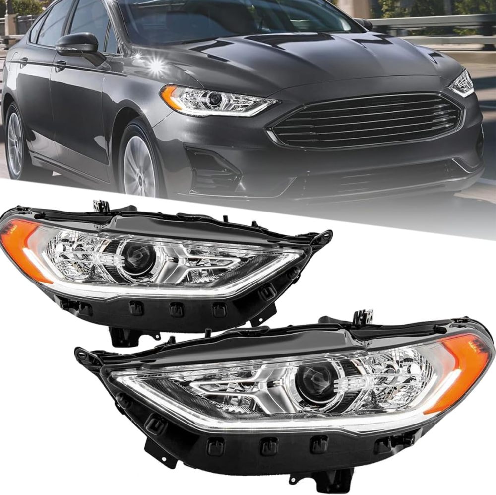 Headlights Assembly Compatible with 2017 2018 2019 2020 Ford Fusion w/LED DRL Halogen Headlamp Bulbs Include, Driver & Passenger Side
