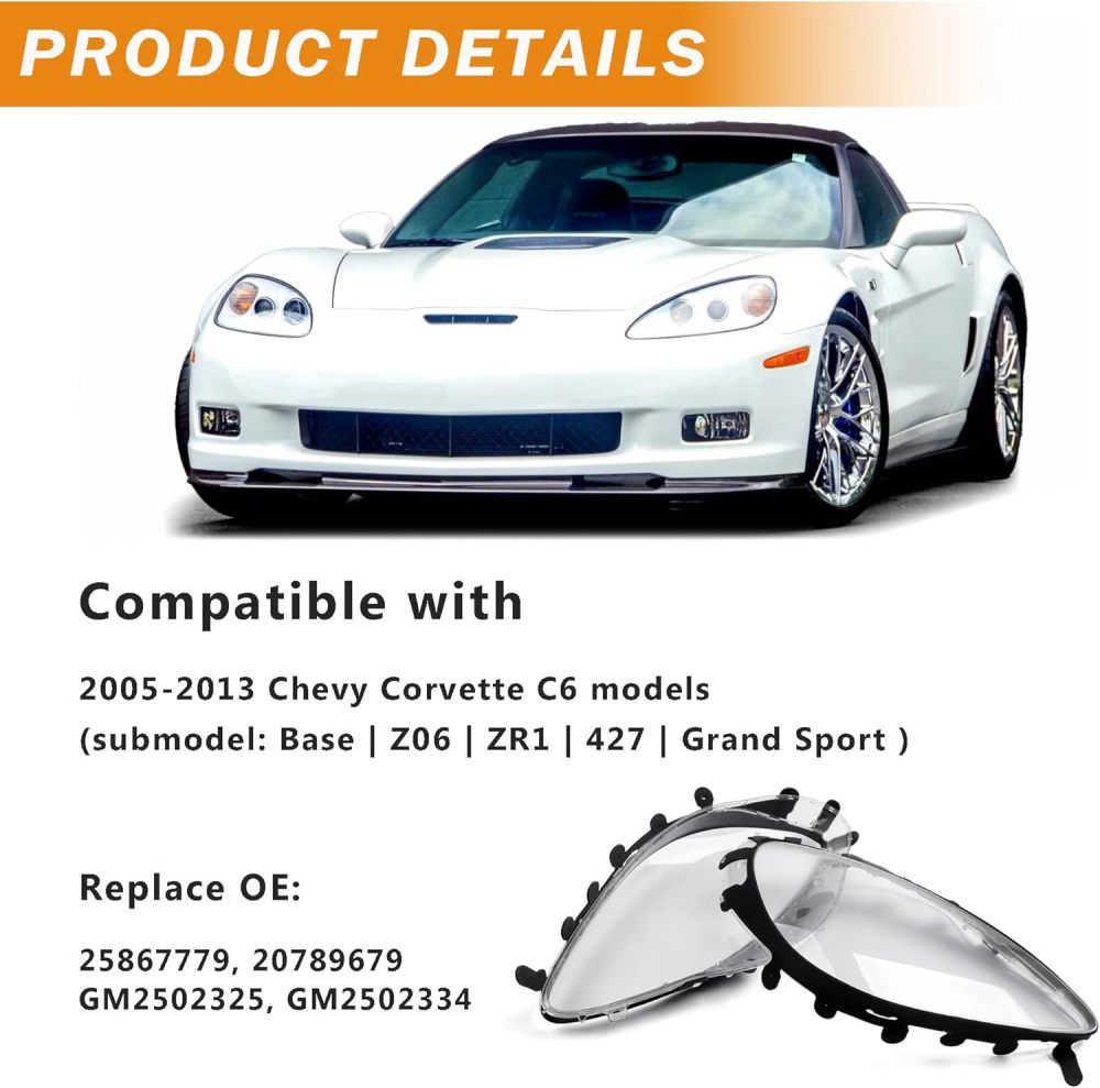 Clear Headlights Lens Covers Replacement for 2005-2013 Chevy Corvette C6 Headlight Cover Pair Left + Right